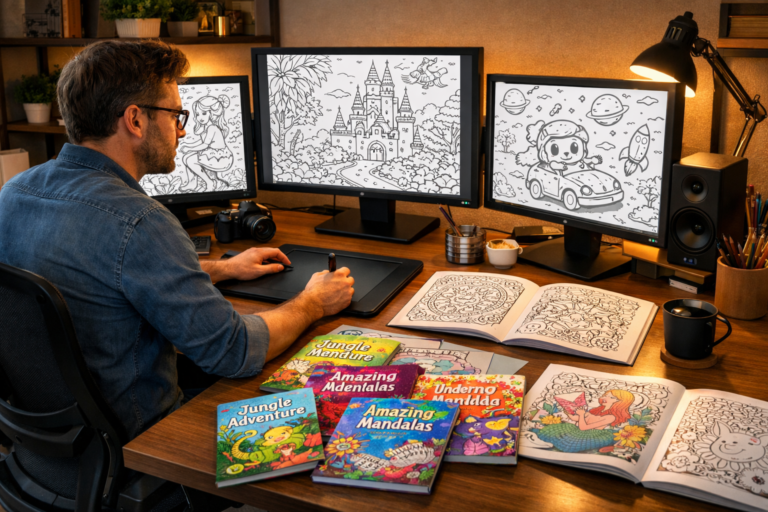 AI coloring book creator working on multiple designs at computer desk