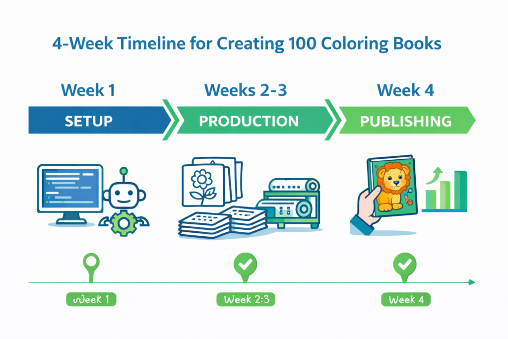 30-day blueprint infographic for creating 100 coloring books using AI