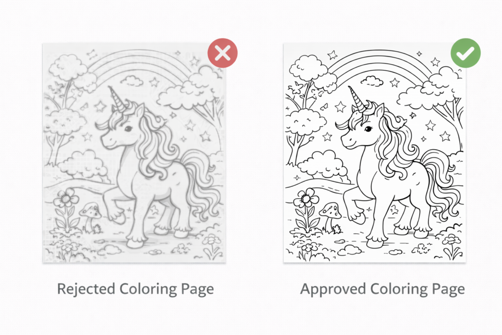 Quality comparison between rejected and approved AI-generated coloring pages