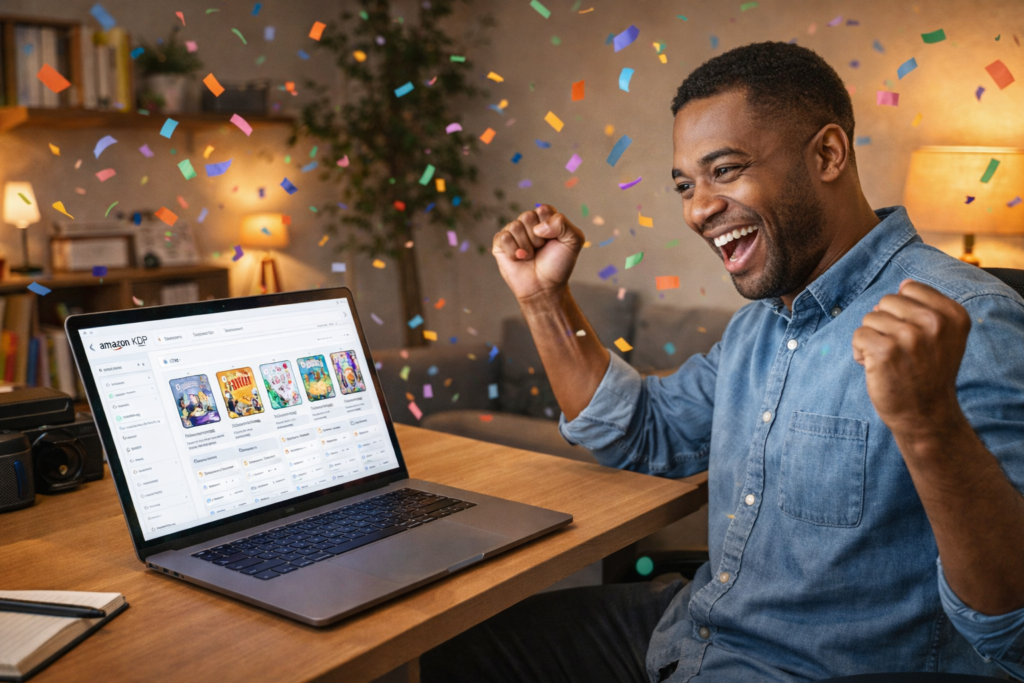 Creator celebrating successful publication of coloring book portfolio on Amazon KDP