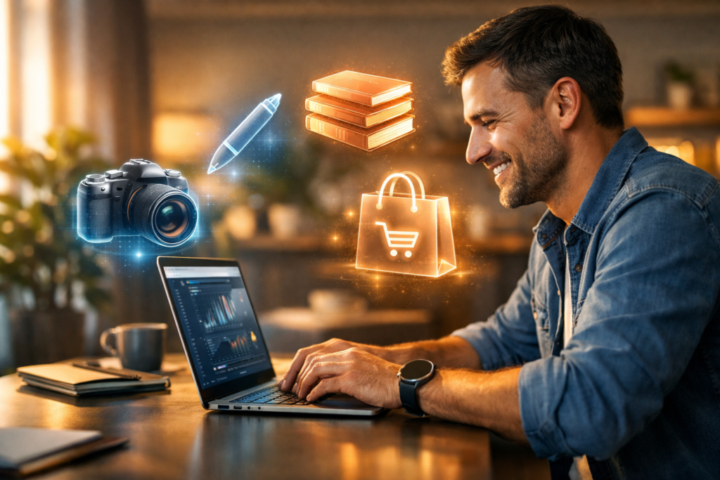 Person working in a modern home office surrounded by icons representing various 2026 side hustle opportunities like design, photography, and e-commerce.
