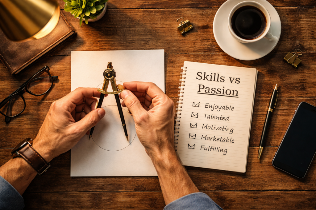 Flat-lay image of a person using a compass and a checklist to choose the right side hustle.