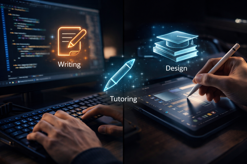 Split-screen showcasing professional tools for skill-based side hustles like coding and graphic design.