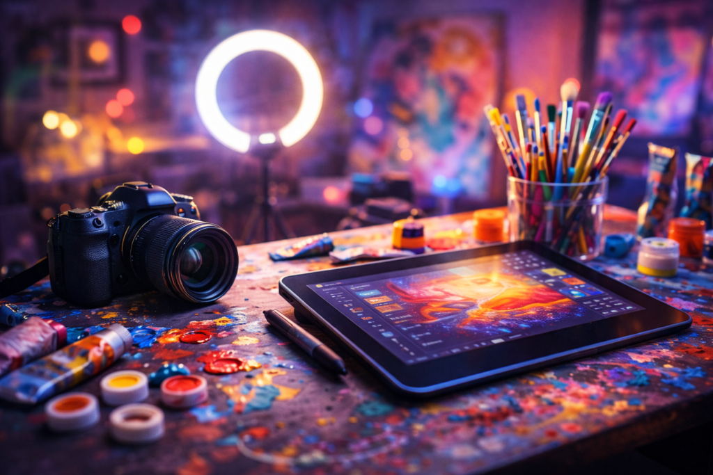 Artistic workspace with a camera, tablet, and creative tools for creative side hustles.
