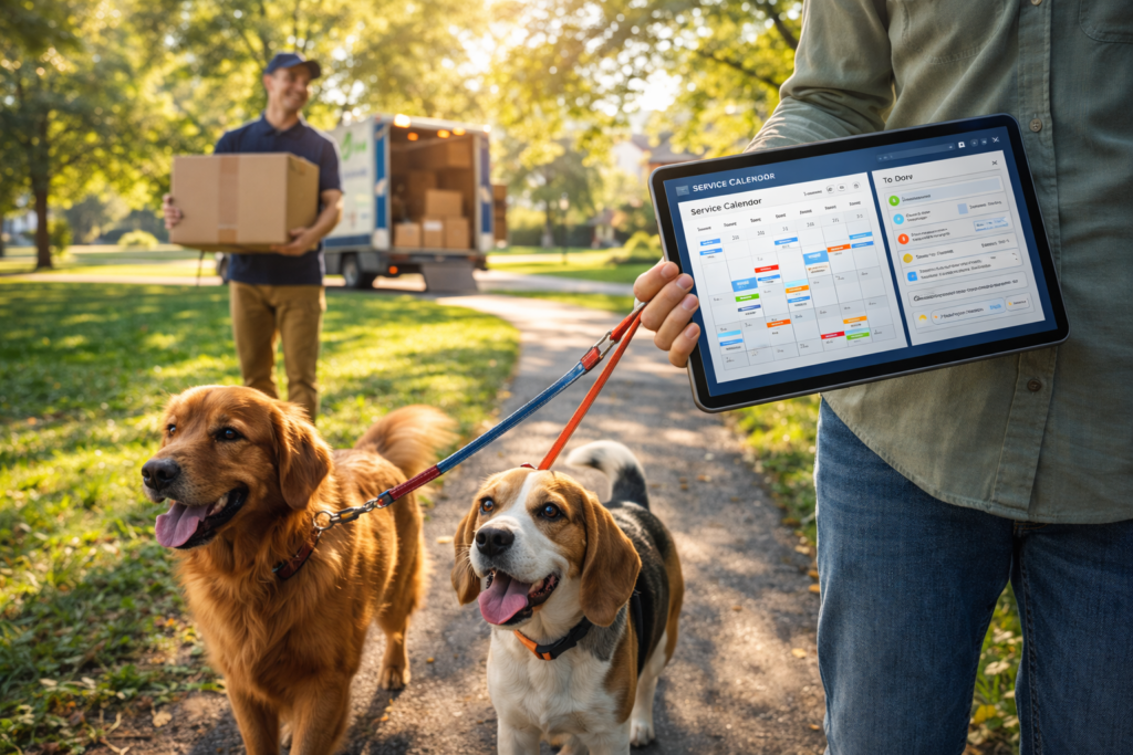Active outdoor scene showcasing dog walking and local community service side hustles.
