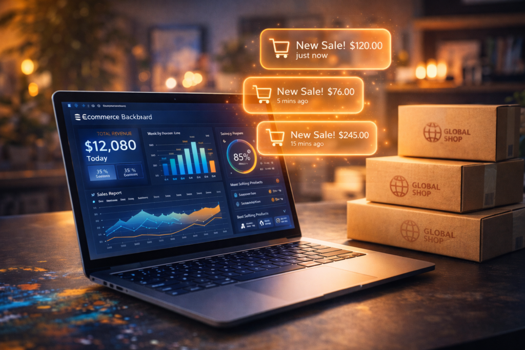 Entrepreneurial workspace with a laptop showing e-commerce sales and shipping boxes.
