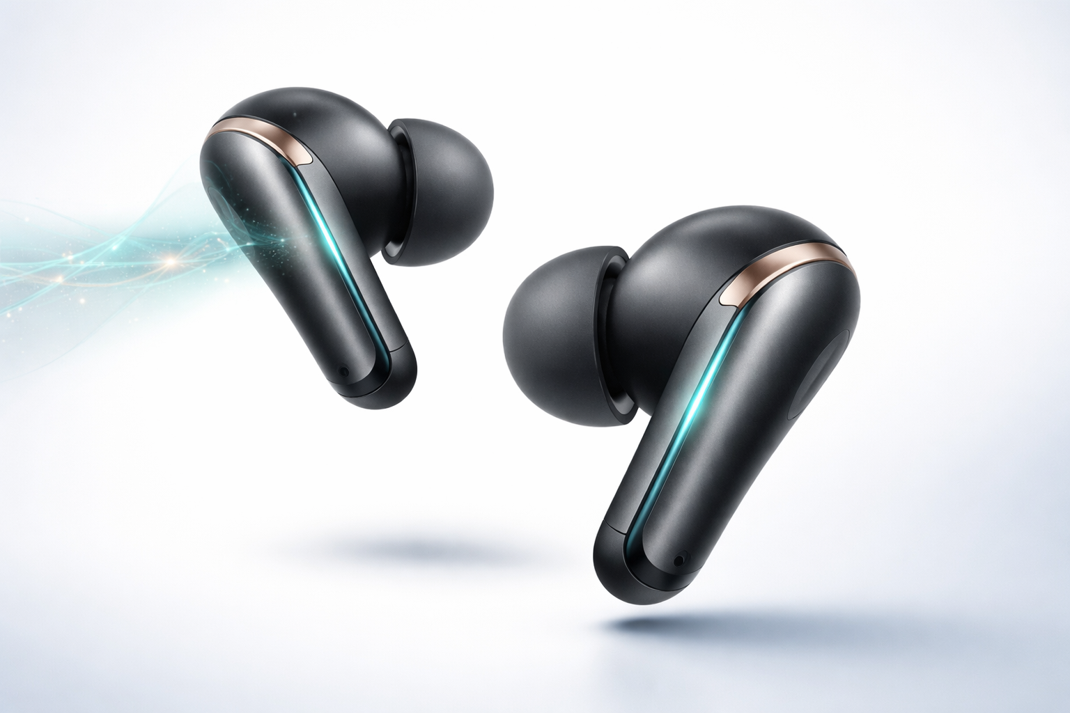 OpenAI Sweetpea AI earbuds concept render showing premium metallic wireless earbuds with AI features