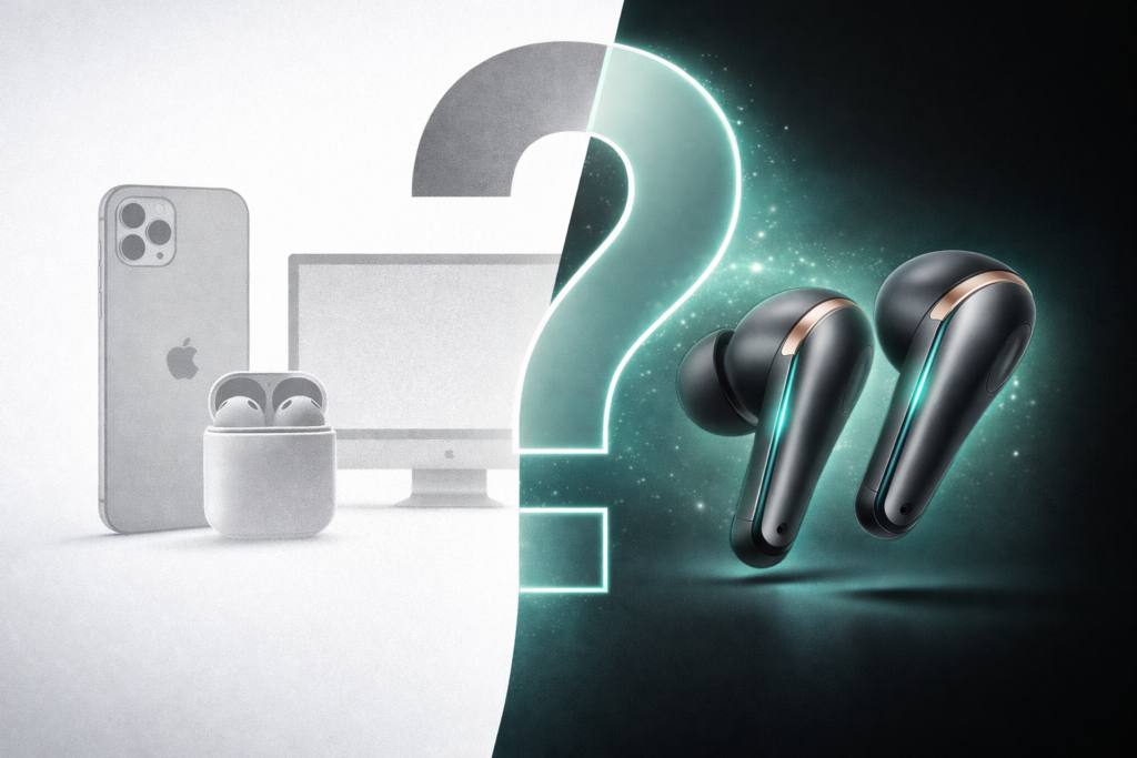 Illustration showing Jony Ive's design legacy from Apple products to OpenAI earbuds concept