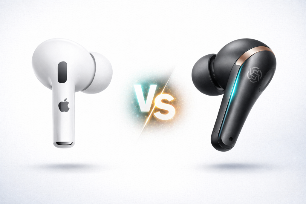 Visual comparison between Apple AirPods Pro and rumored OpenAI Sweetpea AI earbuds