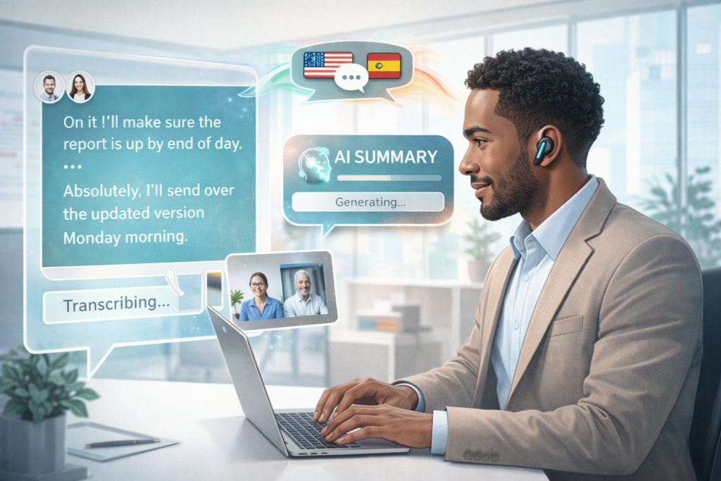 Illustration of professional using AI earbuds for meeting transcription and real-time translation
